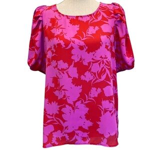 Pleione Colorful Red and Pink Puff Sleeve Blouse Size Medium